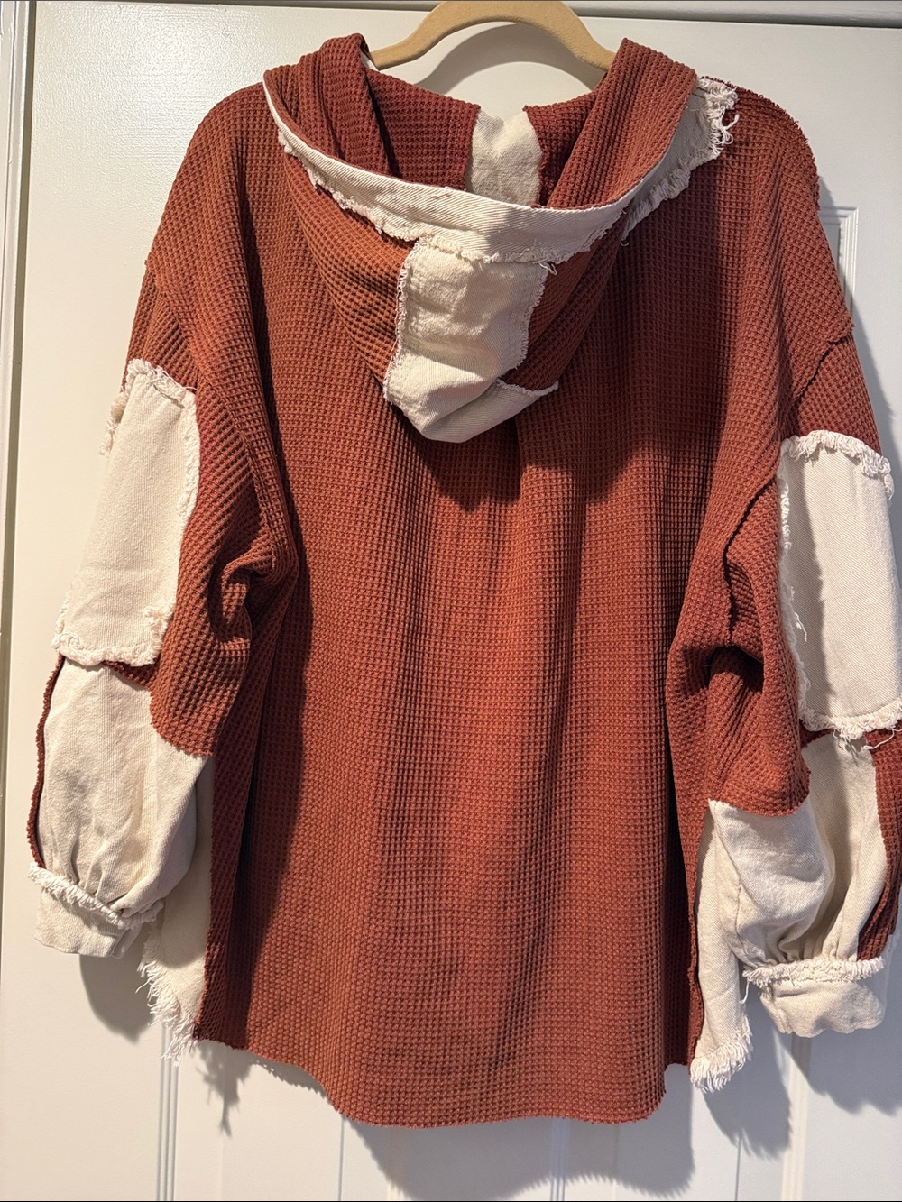 POL Waffle-Knit Hood Shacket Long Back Tassel Tie Oversized Fray Edges Slouchy S - Picture 6 of 14